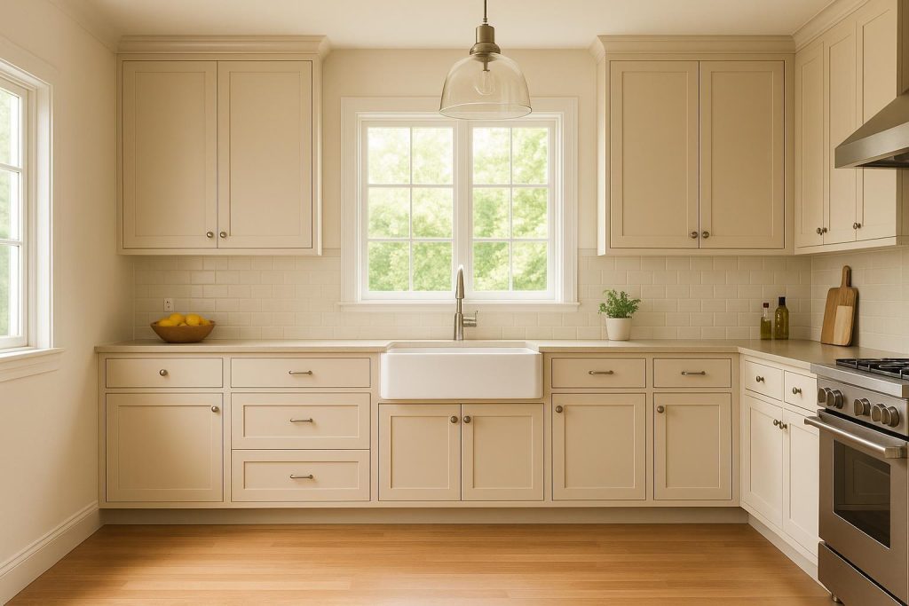 Bright modern kitchen with custom cabinet installs seamlessly matching existing style.