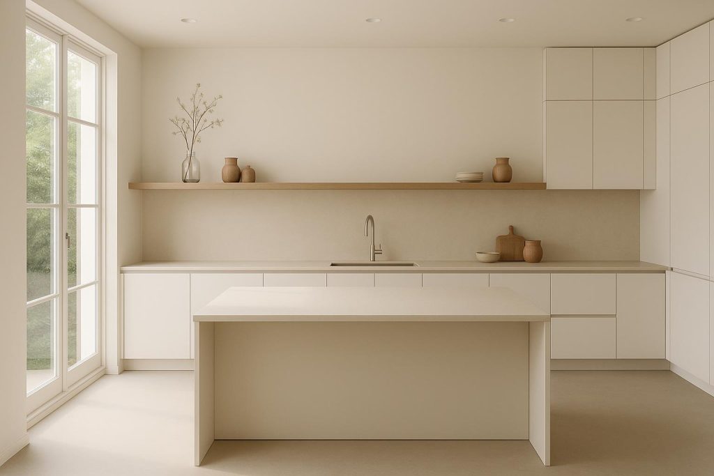 Bright kitchen with neutral tones, hidden storage, and minimalist interior design