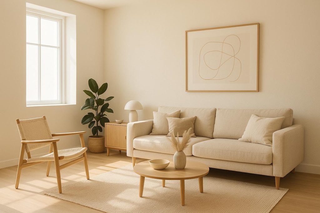 Spacious, neutral-toned minimalist interior design for a home renovation.