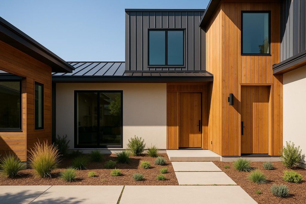 Contemporary exterior with wood, metal, and glass for modern facade upgrades.