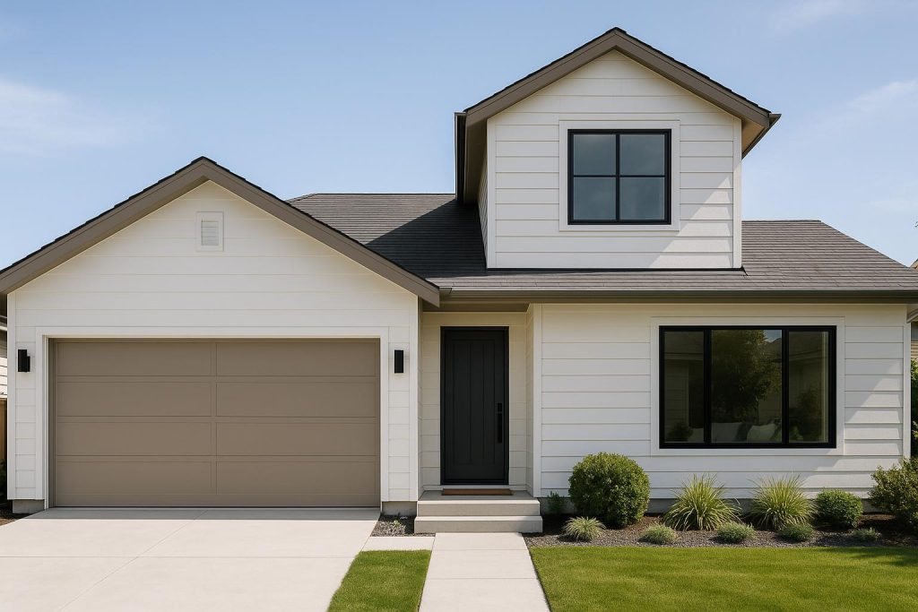 Modern facade upgrades featuring neutral siding and new windows on a suburban home.