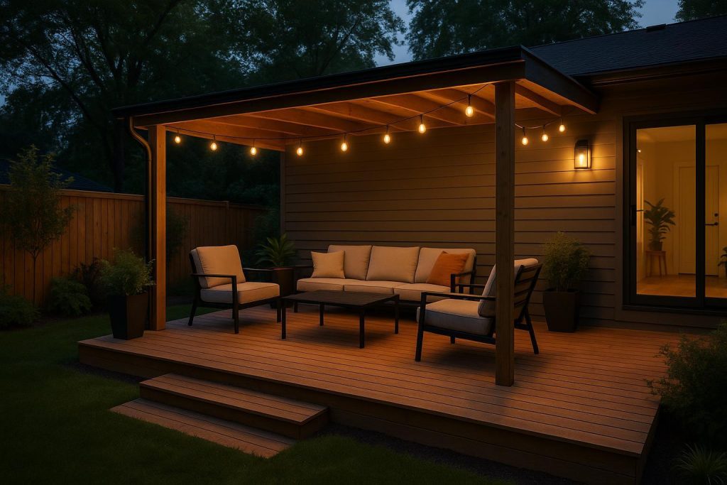Weatherproof patio seating ideas with covered deck in Edmonton climate.