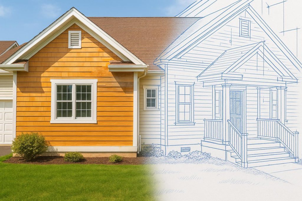 Suburban home exterior remodel in progress with custom home blueprints on site.