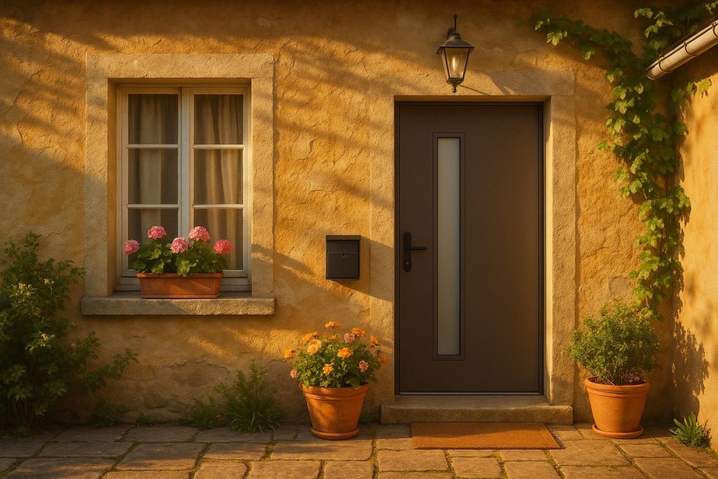 Older entry with a modern insulated front door, highlighting energy-saving benefits.