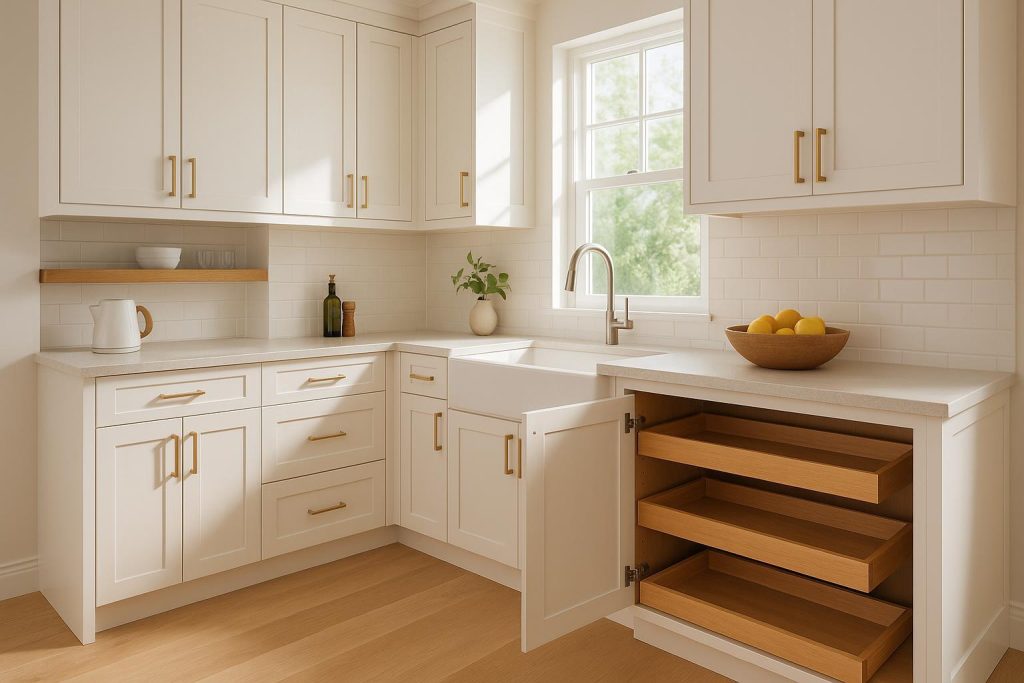 Modern kitchen cabinetry showing custom rollout shelves for easy access.
