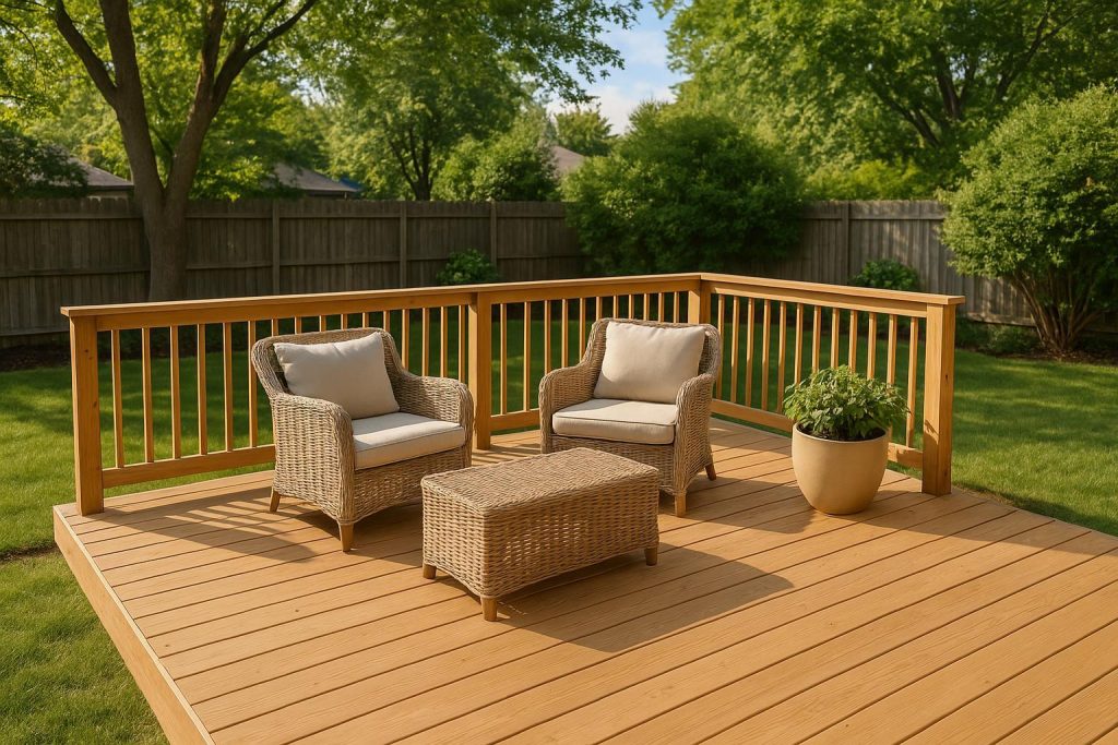 Sunlit custom deck design with wooden boards and modern outdoor seating.