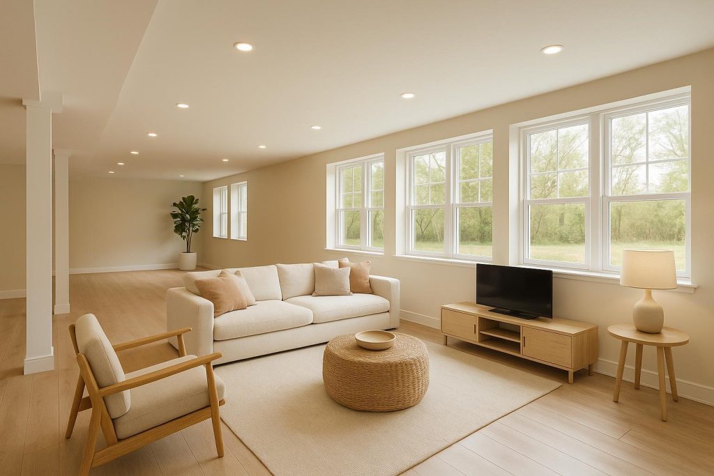Bright basement living space with large windows for a legal suite renovation