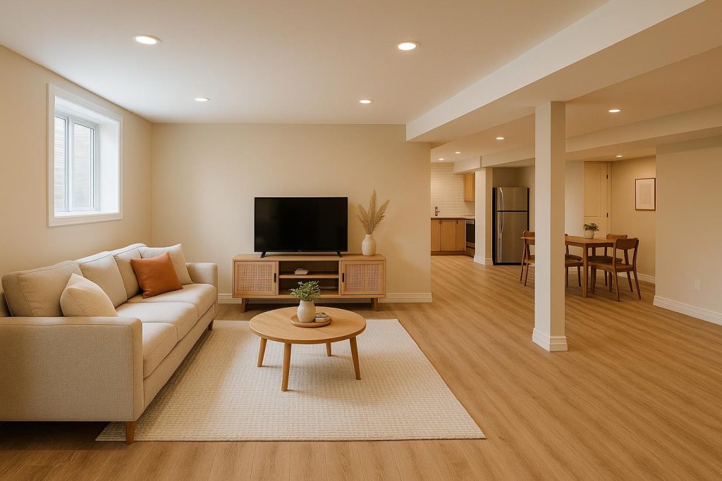 Modern bright basement interior suitable for a legal suite, featuring a cozy seating area