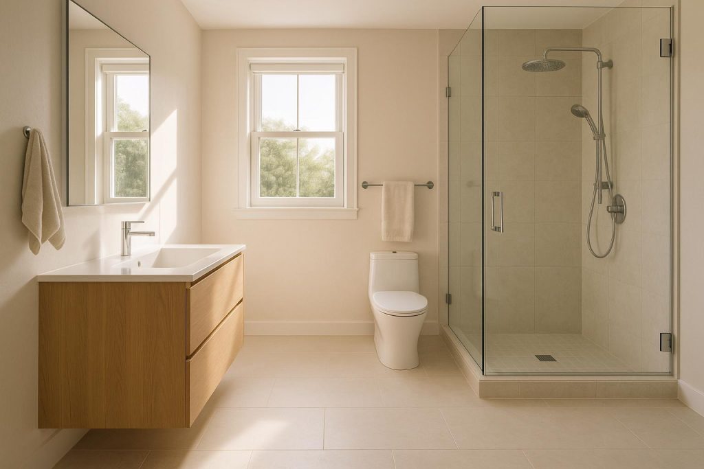 Light-filled modern bathroom that meets legal suite requirements, featuring neutral tones.