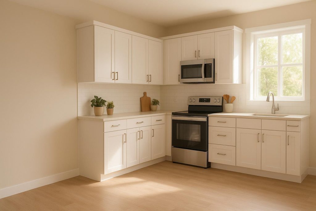 Bright modern kitchen in a legal suite with white cabinets and stainless appliances.