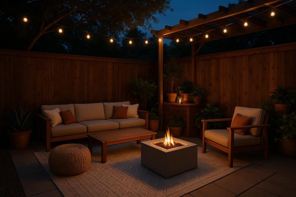 Warm lighting in an outdoor lounge setup creates a cozy evening atmosphere.