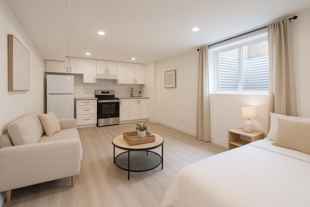 Breezy modern legal basement suite featuring large window and minimalistic decor for a safe, code-compliant dwelling.