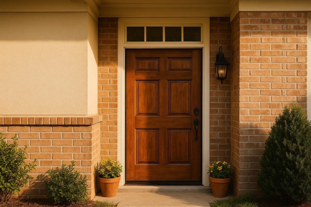 Classic wood front door with foam seals to insulate an older front door.