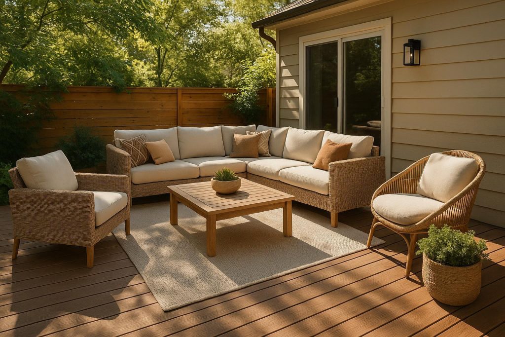 A modern deck with comfortable, weather-resistant furnishings for an elegant outdoor lounge setup.