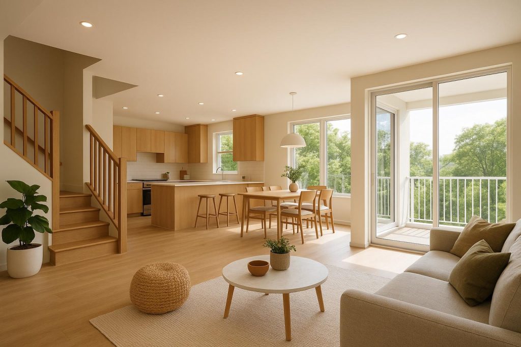 Modern second-story open floor plan with large windows and warm neutrals.
