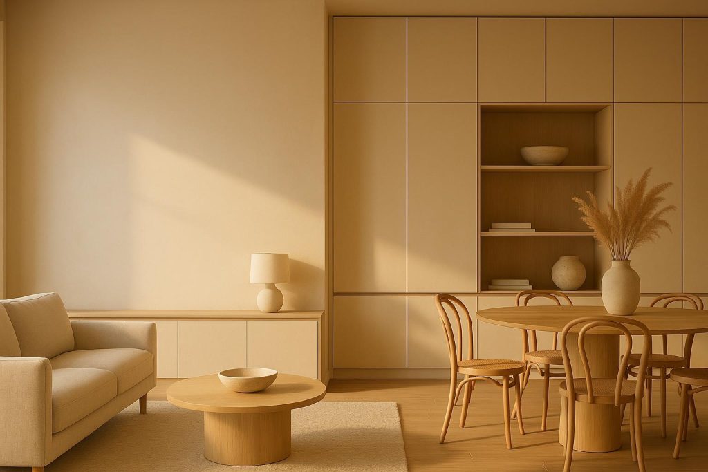 Sunlit, open-concept living and dining space featuring abundant storage solutions for open concept ideas.