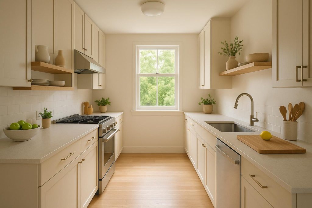 Modern narrow galley kitchen with warm neutrals and bright lighting.