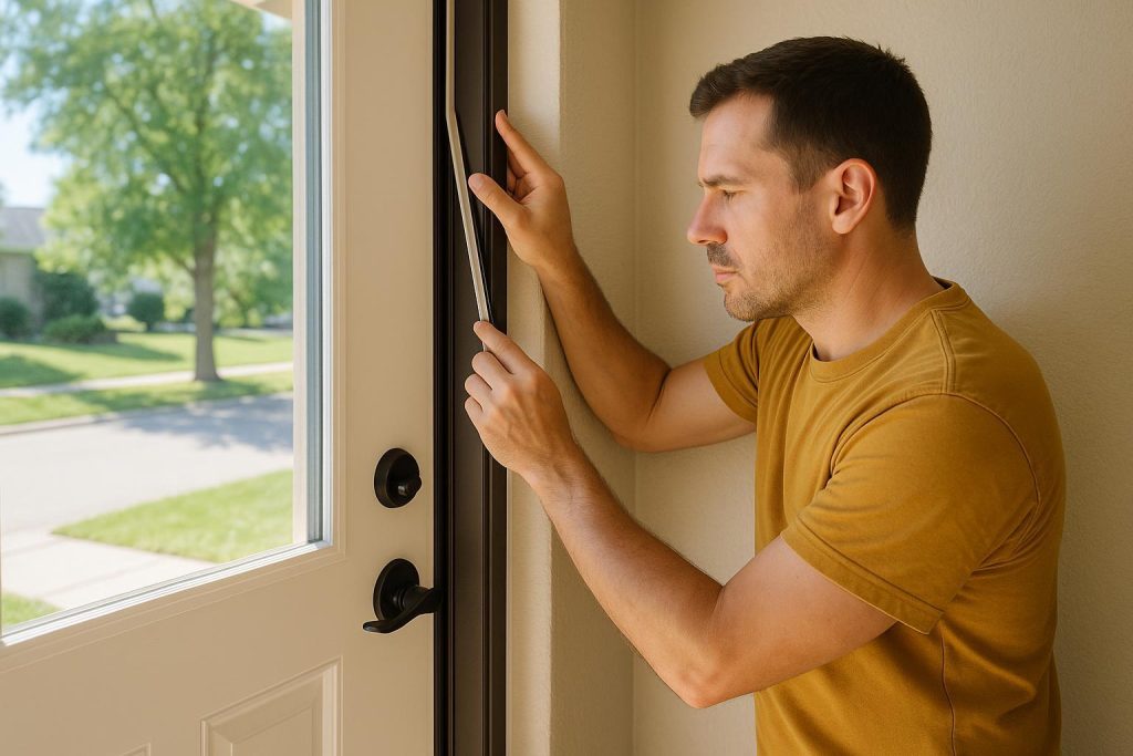 Homeowner checking front door insulation for wear