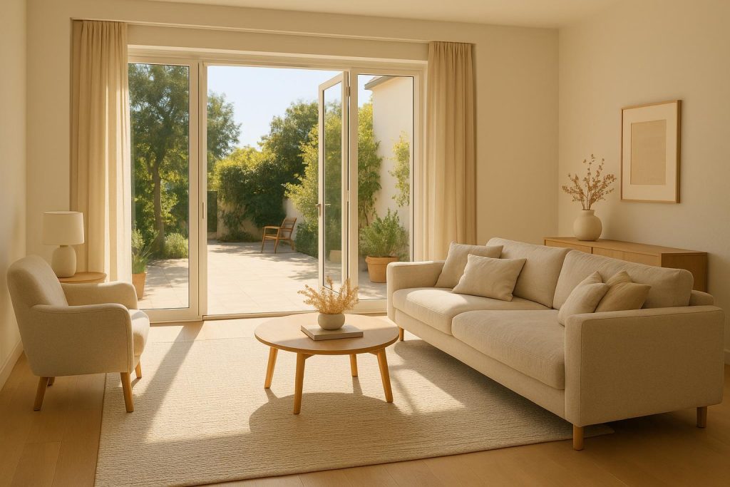 Modern living room with large patio doors illustrating a renovation contractor’s energy-saving approach.