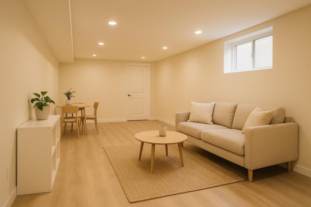 Bright, newly renovated basement suite showing a legal setup for basement reno.