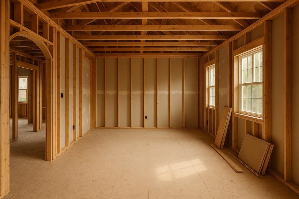 A partially expanded modern home interior under construction, illustrating a house expansion.