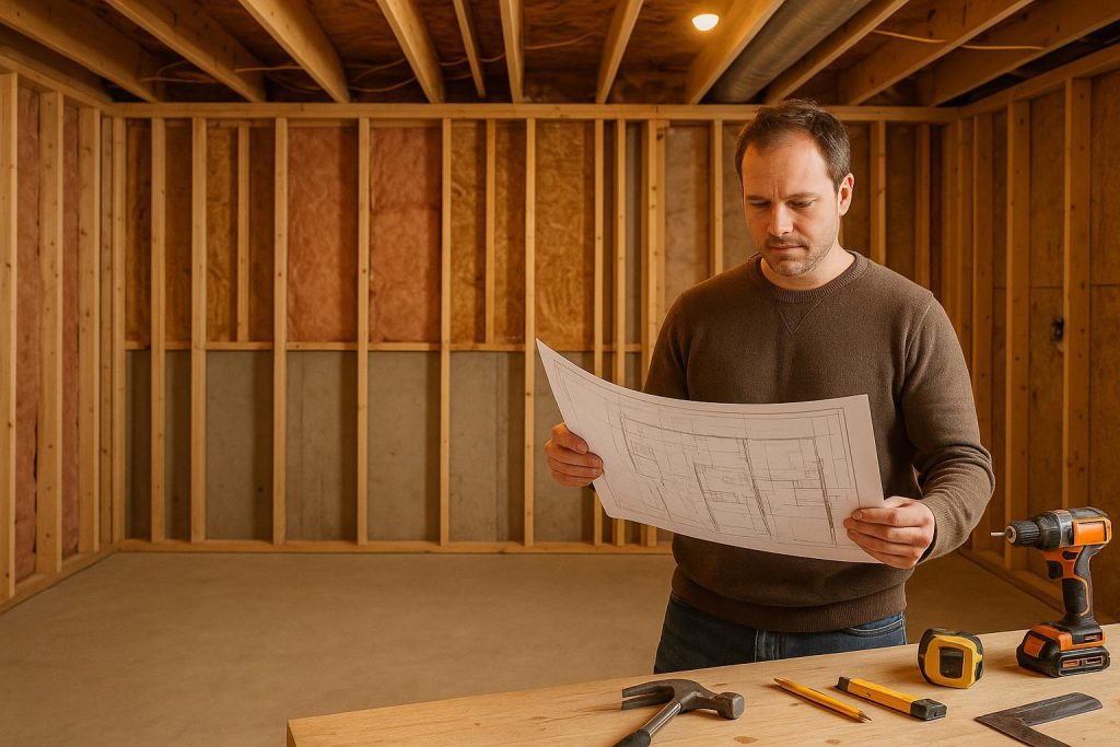 Bright basement remodel scene with plans and tools near walls.