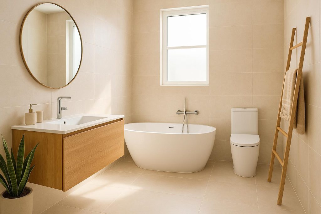 Contemporary bathroom showing renovation floor plans with a spacious layout.
