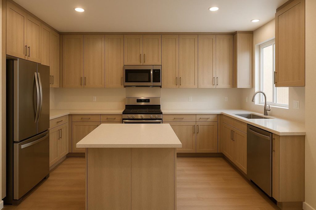 Modern kitchen with fresh cabinetry and counters during a kitchen remodel.