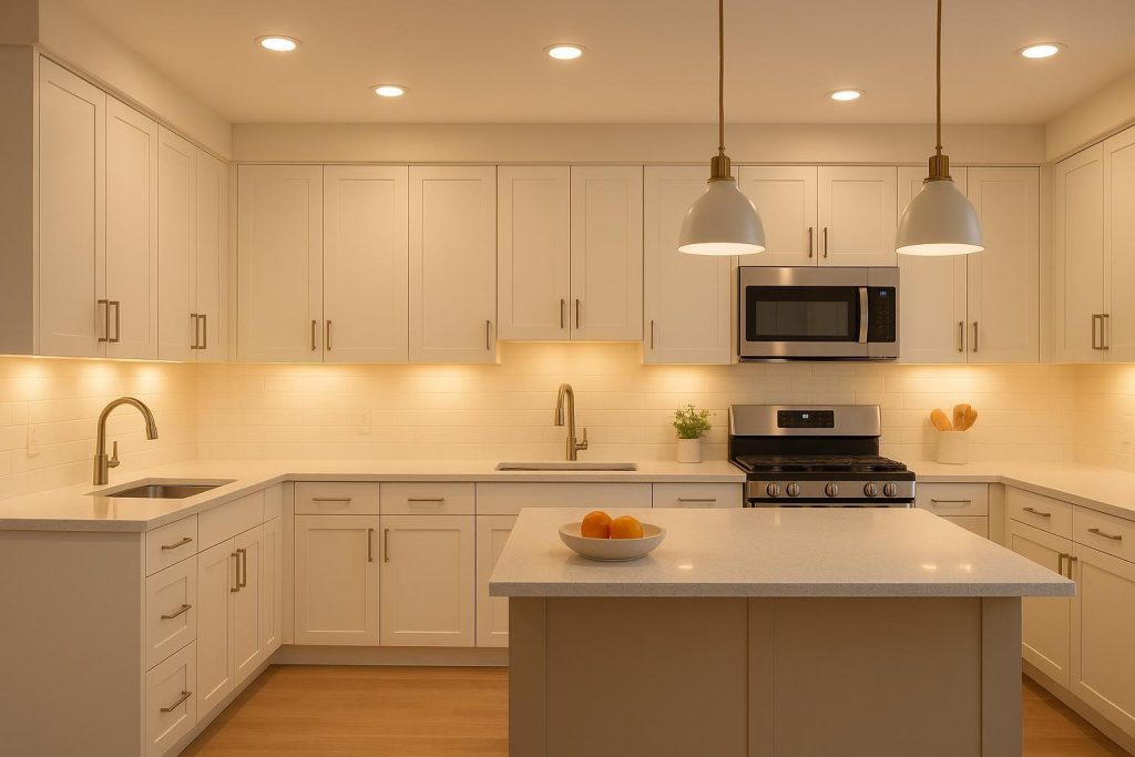 Modern kitchen with layered LED fixtures for functional illumination in a kitchen reno