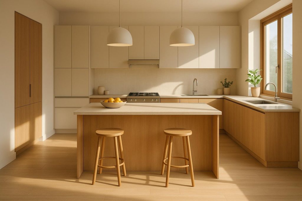 Modern, bright open kitchen with white cabinets and a large island, illustrating an efficient kitchen reno.