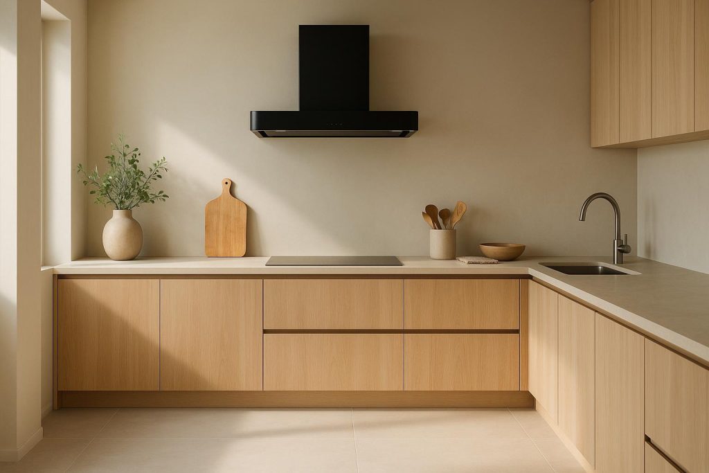 Modern kitchen featuring a ventless extractor fan solution in a kitchen reno.