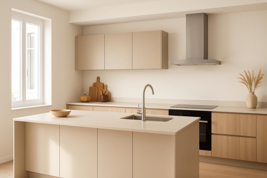 Ducted range hood in a bright modern kitchen, part of a Kitchen Reno design.