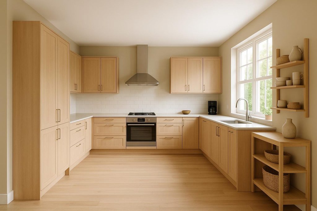 Open-concept kitchen reno design without an island, showcasing a modern layout.
