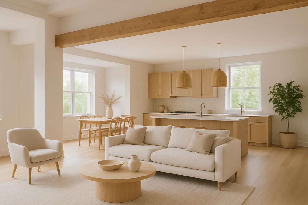 Modern open-concept interior showing a removed load-bearing wall for a fresh kitchen reno.