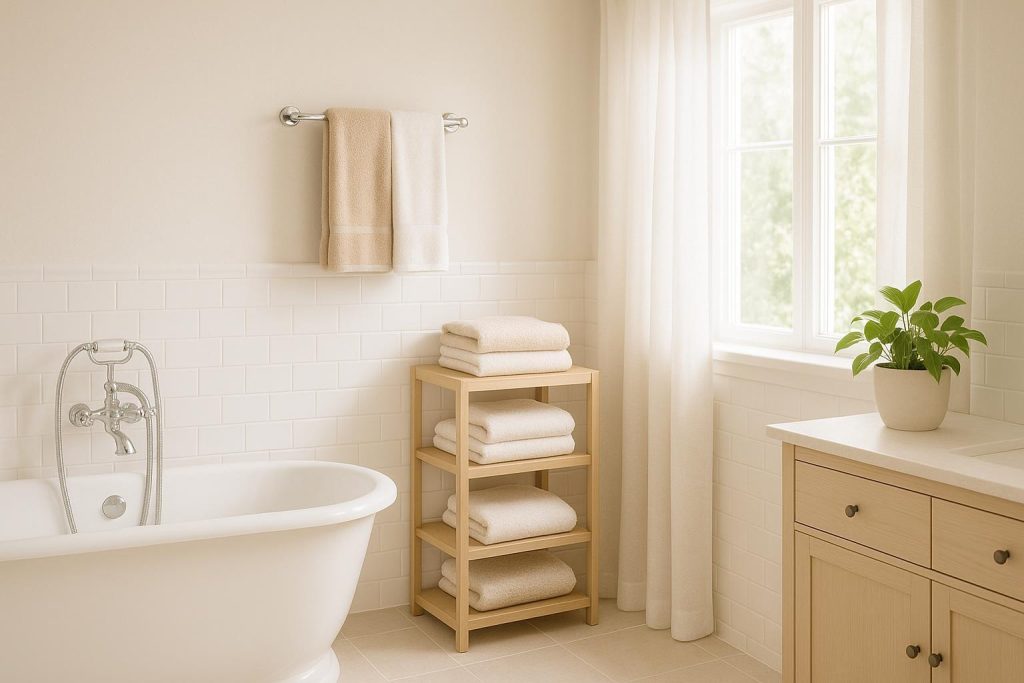 Natural-light bathroom showcasing spa-style transformations with plush towels and greenery.