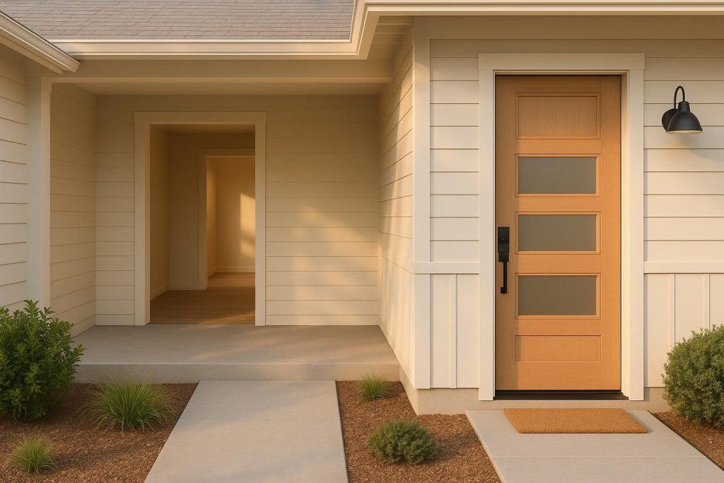 Modern front door with side glass featured in a front facade refresh.