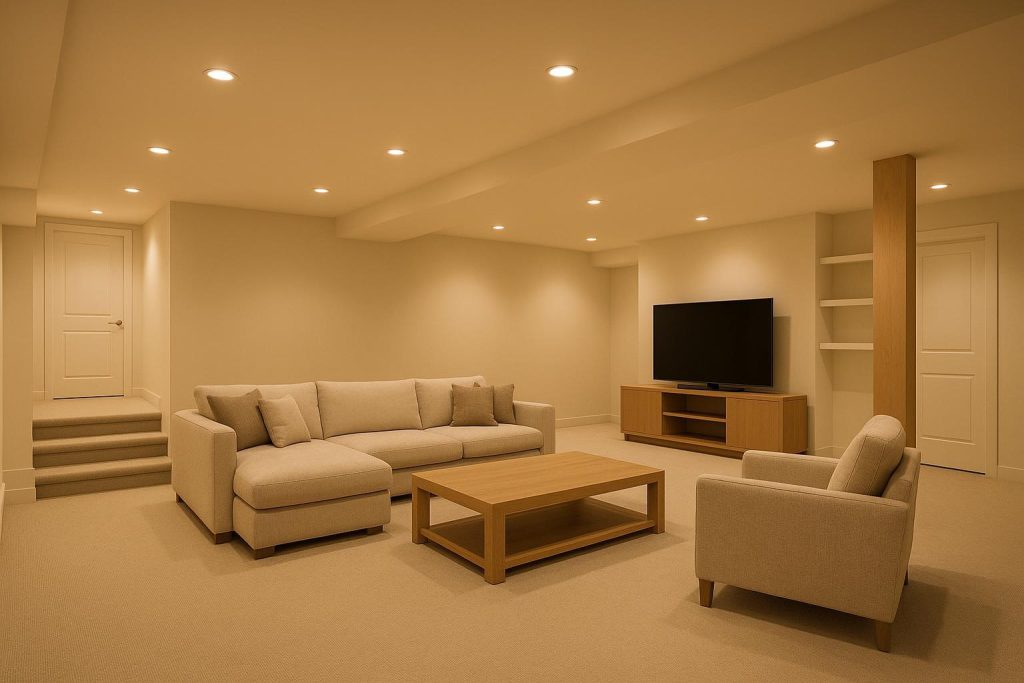 Bright basement featuring Minimalist Living Decor with neutral tones and clean lines.