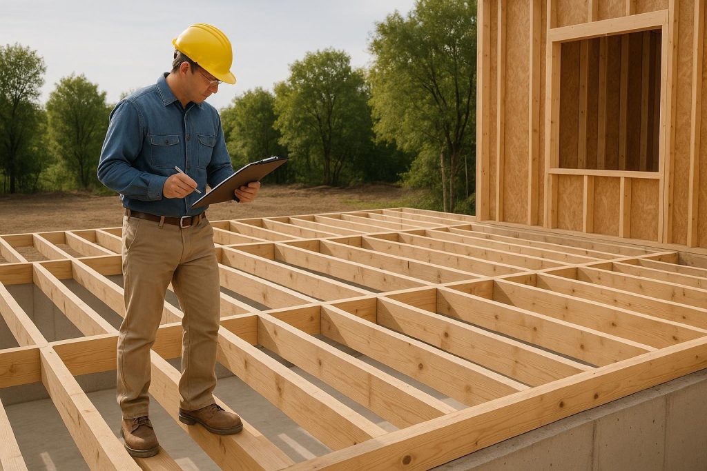 Contractor inspecting a home's foundation for a second story remodel.