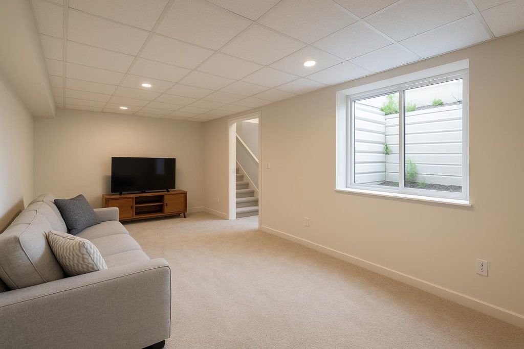 New egress window replacement in a finished basement with abundant daylight.