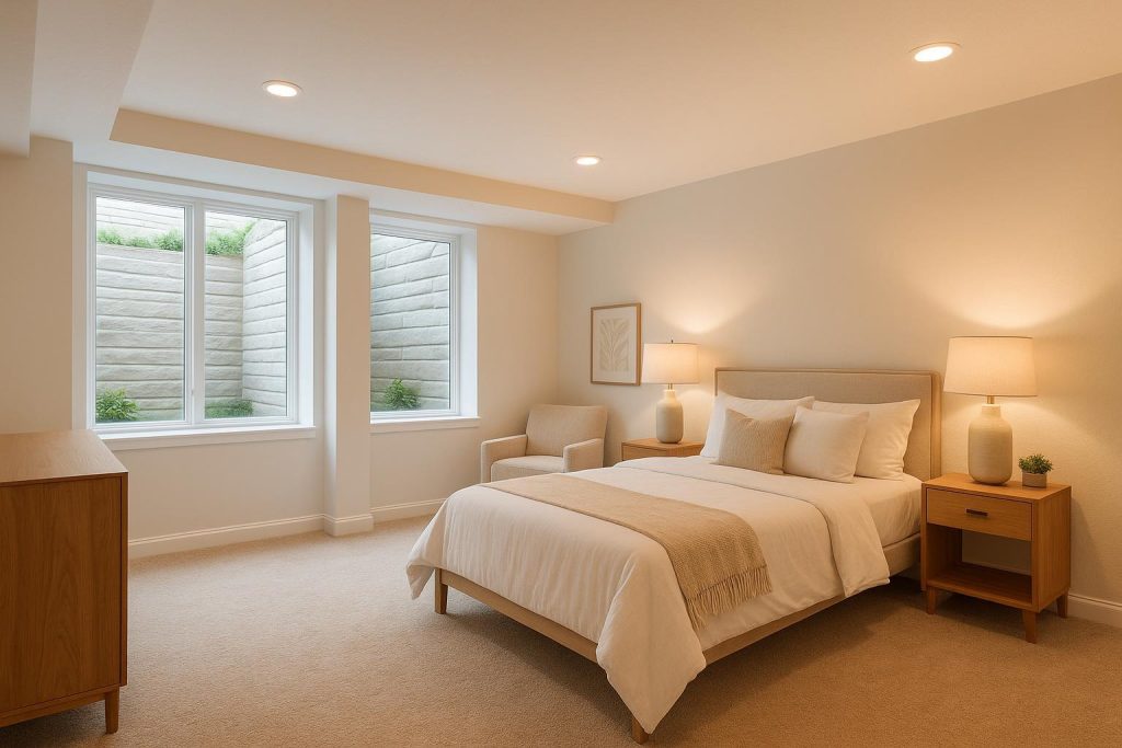 A renovated basement bedroom with new window replacement for safety and natural light.