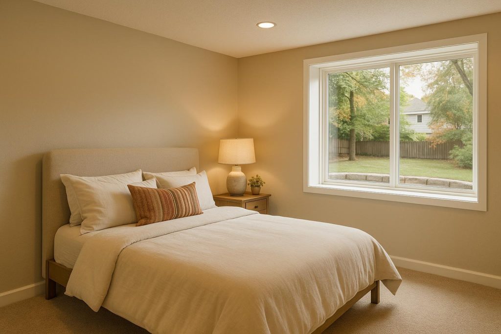 Modern basement bedroom with a new egress window replacement for safety and natural light.