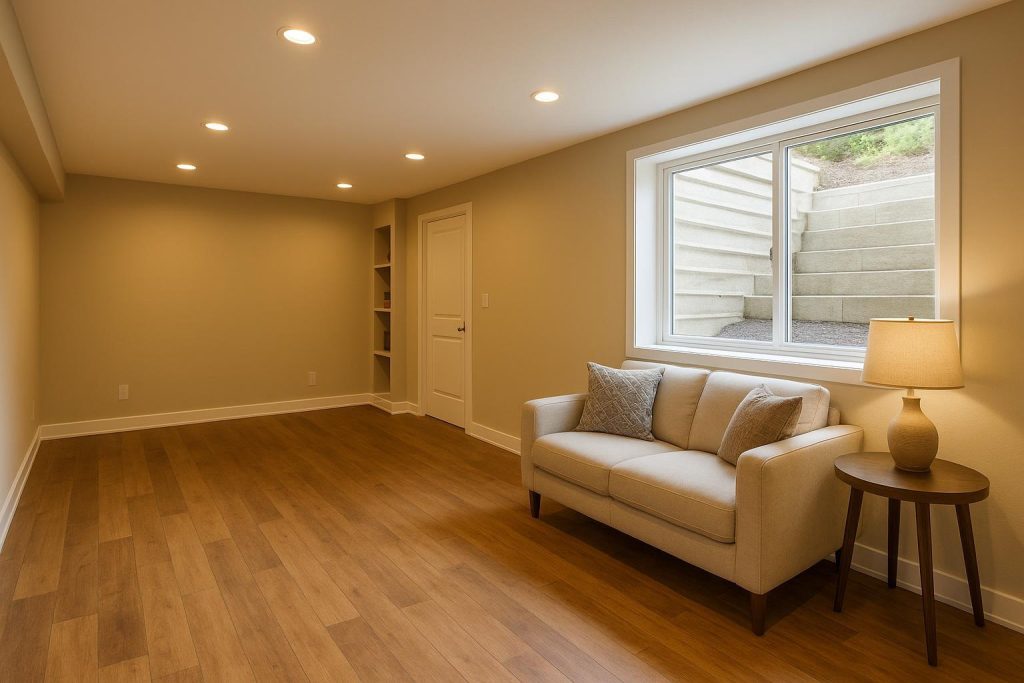 Bright basement with a newly installed egress window replacement ensuring easy exit.