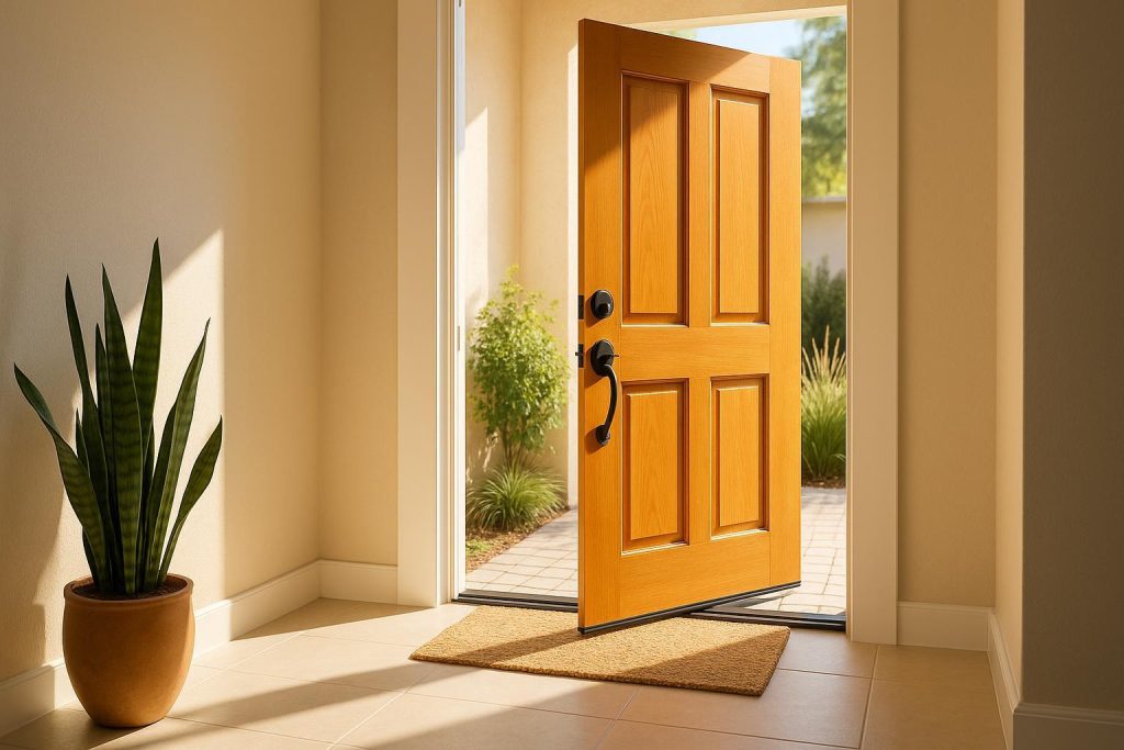 Door replacement project showing a new exterior door improving home's insulation.