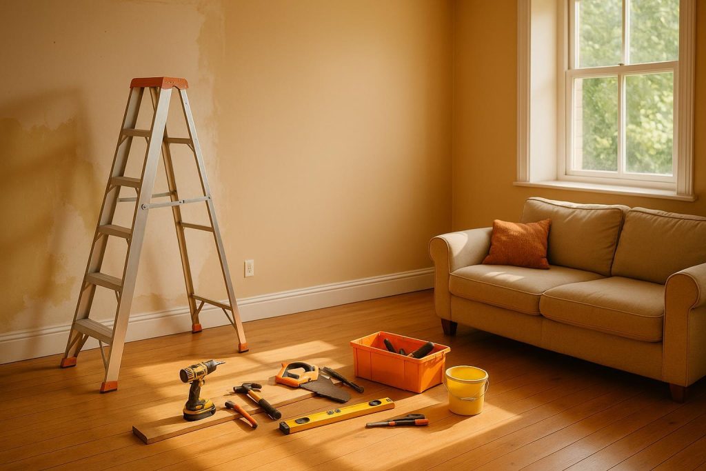 Contractor working on a partially renovated home interior.