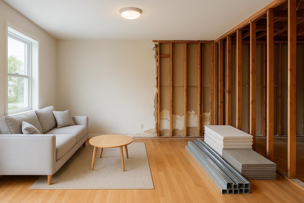 Bright interior under renovation by a contractor, with materials in view.