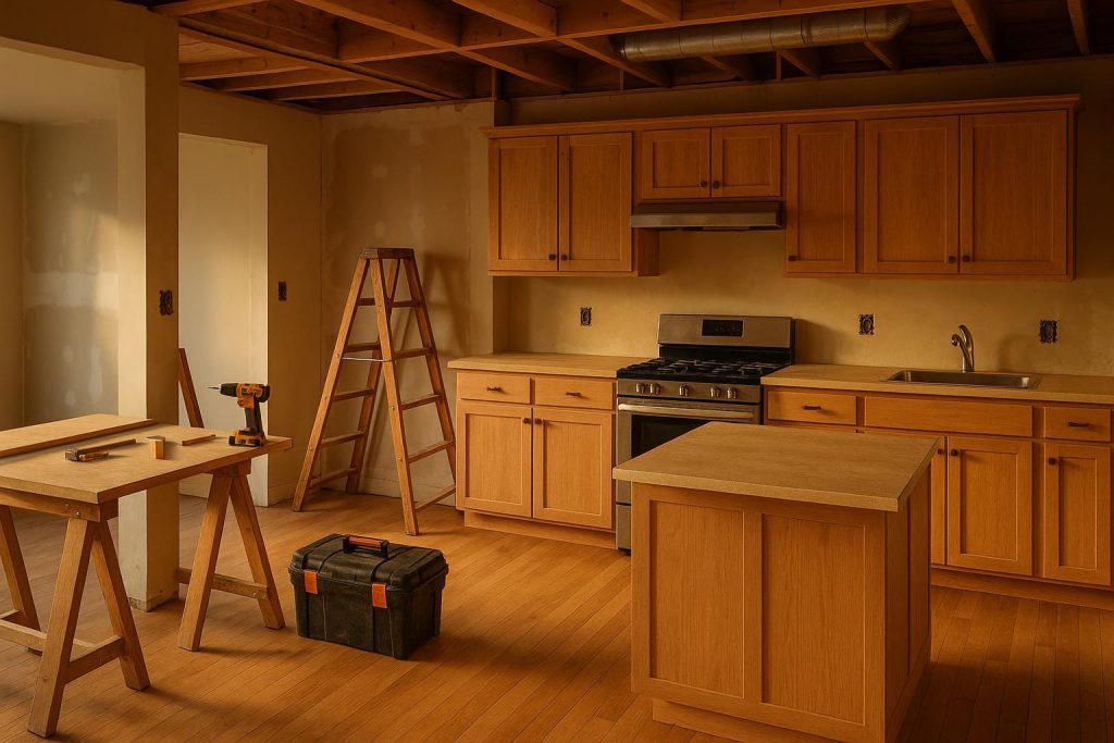 Bright open-concept kitchen under renovation by a residential contractor.