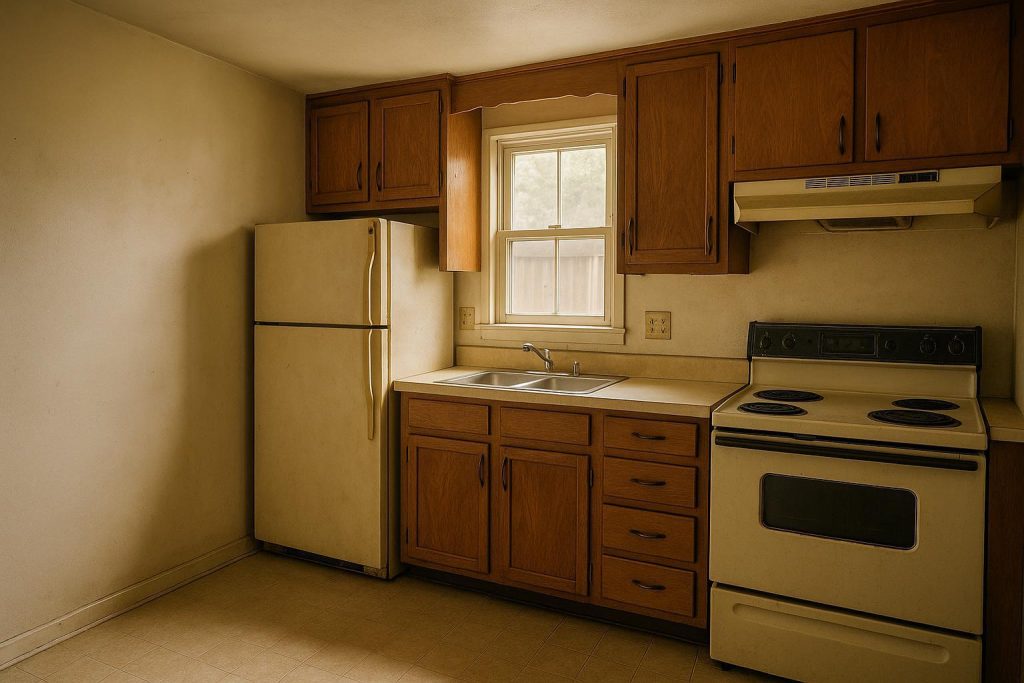 Outdated kitchen interior suitable for a renovation contractor project.