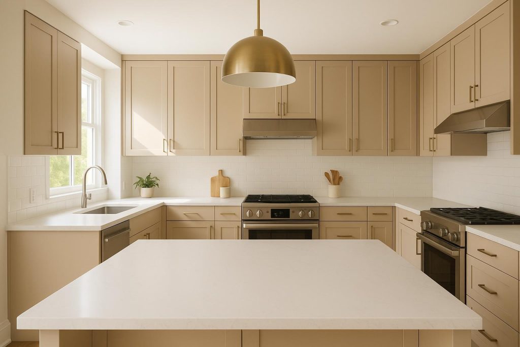 Modern kitchen with porcelain countertop designed by a trusted renovation contractor.