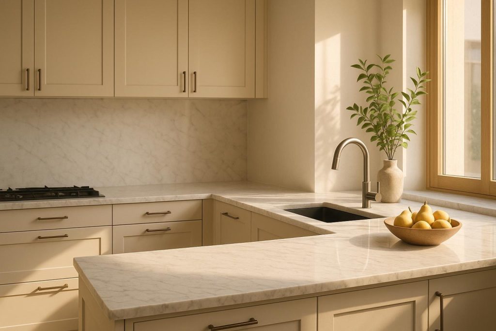Classic white marble countertop in a bright kitchen by a residential contractor.