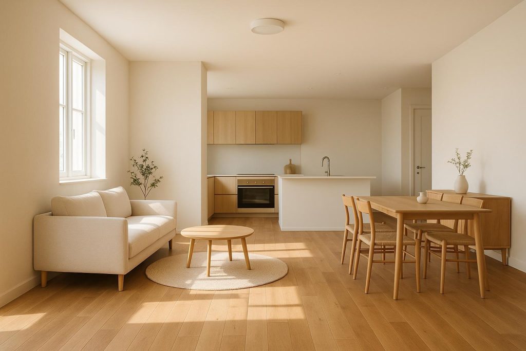 Sunlit living space with neutral tones, minimal furnishings, and warm wood floors, reflecting Minimalist Living Decor.